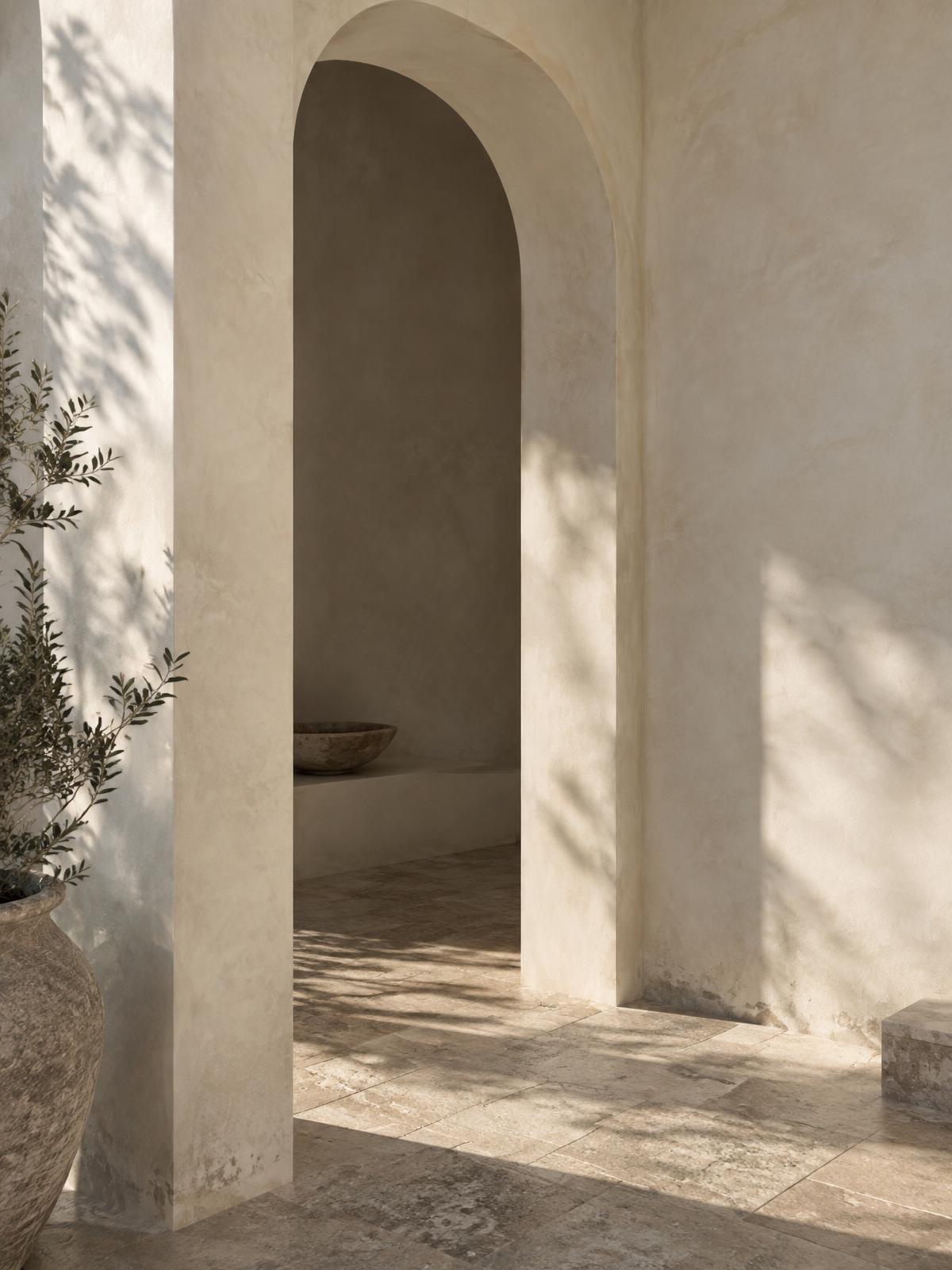 Limewashed arched doorway with soft afternoon shadows