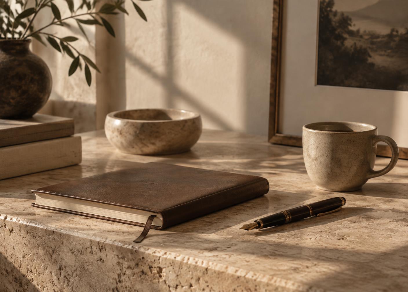 Leather notebook and fountain pen on a travertine ledge in soft window light