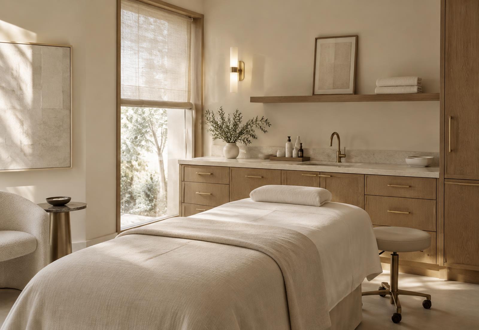 Refined private treatment room with linen bed and oak cabinetry